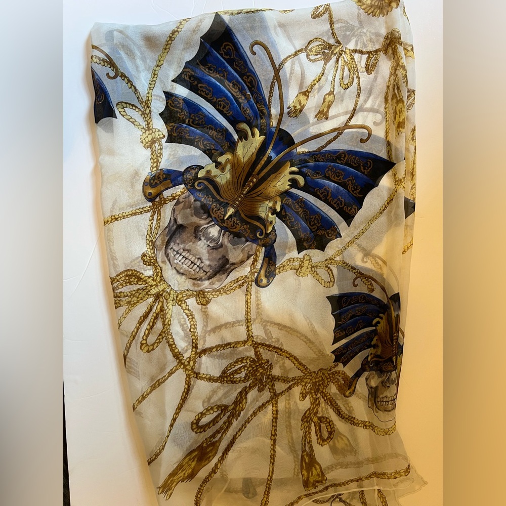 Alexander McQueen Vintage Large Cream Scarf with Gold Rope Design and Skulls